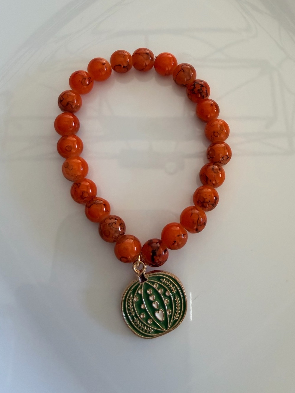 Orange Beaded Bracelet with Green Enamel Leaf Charm Fall Handmade Jewelry